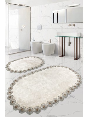 PremiumPort Vizon Renkli Oval Dantelli 2'li Banyo Paspası ve Klozet Takımı