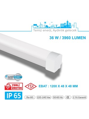 Teletek LED Etanj Aydınlatma 36W - Otopark, Depo ve Garaj Tipi - Su Geçirmez Tavan Lambası