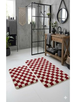 PremiumPort Dama Desenli 2'li Banyo Paspası, Yıkanabilir, Kaymaz, 60X100 ve 60X50 cm