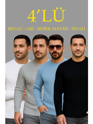 Livizmir Moda Erkek Fitilli Triko Kazak 4’lü Set – Beyaz, Bebek Mavisi, Gri, Siyahkalın Dokuma Pamuklu Regular Fit Bisiklet Yaka Uzun Kollu Kışlık ve Baharlık Rahat Triko Kombini