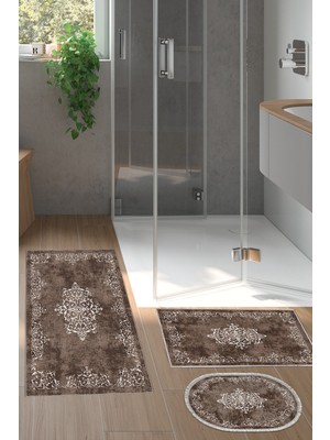 PremiumPort Yıkanabilir Kaymaz Taban Banyo Paspas Seti 3'lü, Eko Trend, Klasik Kahve