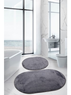 PremiumPort Antrasit Oval Modern Yumuşak Makinede Yıkanabilir Kaymaz Banyo Paspas Takımı