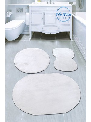 PremiumPort 3'lü Beyaz Oval Peluş Banyo Halısı Seti, Yumuşak ve Yıkanabilir