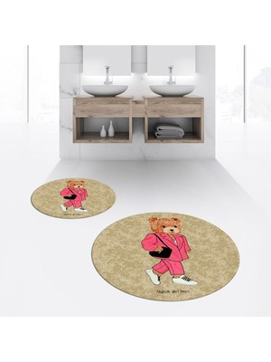 PremiumPort Yıkanabilir, Kaymaz, Dijital Baskılı, Yuvarlak, Ikili Banyo Paspas Takımı