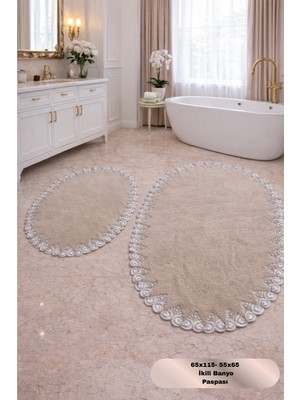 PremiumPort Yumuşak ve Şık Fransız Dantelli Banyo Paspas Seti, Kaymaz ve Deri Tabanlı