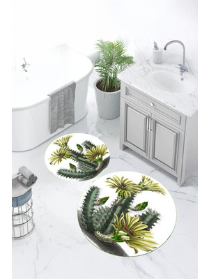 PremiumPort Yıkanabilir Kaktüs Desenli Yuvarlak Banyo Paspası Seti 2'li