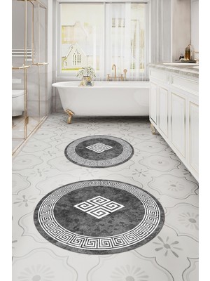 PremiumPort Yıkanabilir Çerçeveli Yuvarlak Banyo Paspası ve Klozet Takımı