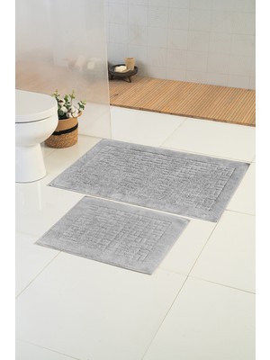 PremiumPort Pamuklu Gri Banyo Paspası Çift Set 60X100 ve 60X50 Cm, Kaydırmaz Tabanlı