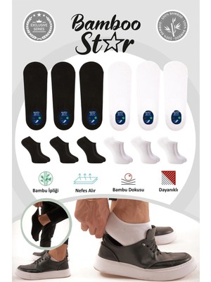 Bamboo Star Bambu Erkek Sneaker Siyah-Beyaz  Çorap Dikişsiz Görünmez Bilekte Görünmez Spor Çorap Premium 6'lı Paket