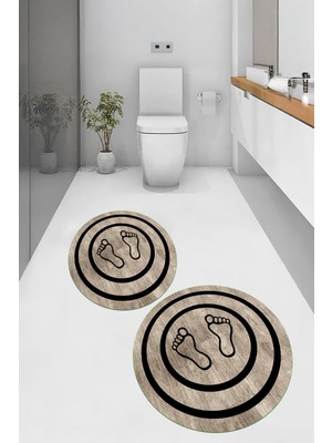 PremiumPort Yıkanabilir Kaymaz Taban Ayak Izi Desenli Yuvarlak Banyo Paspası 2'li Takım