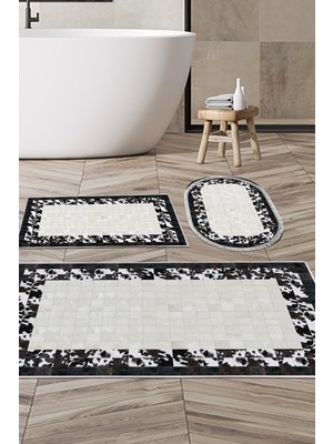 PremiumPort Yıkanabilir 3'lü Kaymaz Taban Banyo Paspas Seti, Siyah, Modern Tasarım