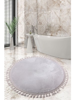 PremiumPort Relax Gri Yuvarlak Paspas 120X120 Cm, Kaymaz, Saçaklı, Makinede Yıkanabilir