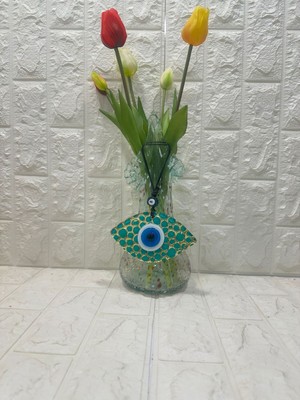 Özgürce El Işçiliği Nazar Boncuklu Füzyon Cam Duvar Süsü 9X16 Cm, Şık ve Renkli Dekor