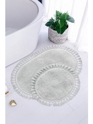 PremiumPort Yumuşak Gri Ikili Püsküllü Oval Banyo Paspası, Kaymaz Tabanlı, Yıkanabilir