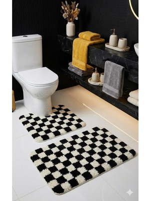 PremiumPort Dama Desenli Lateks Kaymaz Taban Çiftli Banyo Paspası 60X100 ve 60X50