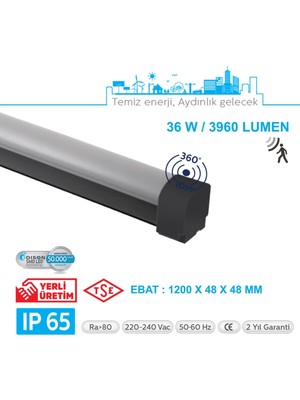 Teletek LED Etanj 36W Radar Hareket Sensörlü Aydınlatma - Otopark, Depo ve Garaj Tipi - Su Geçirmez Tavan Lambası