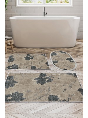 PremiumPort Yıkanabilir Kaymaz Taban Banyo Paspas Seti, Bej, 3'lü, Eko Trend Djt