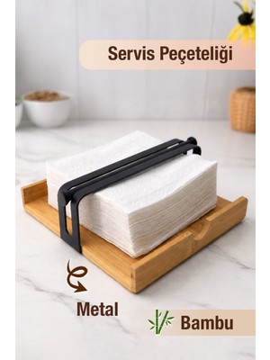 Özgürce Şık Metal ve Bambu Kare Peçetelik, Masaüstü Düzenleyici ve Dekoratif Organizer