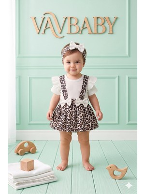 Vavbaby Kız Bebek Leopar Desenli Bandanalı Kısa Kollu Askılı Jile Elbise ve Çıt Çıt Body Takımı - Beyaz