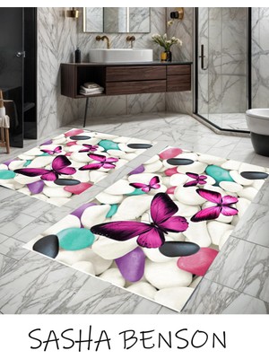 Handanca Lavender Dijital 2 Lı Set Klozet Takımı Banyo Paspas Seti Halısı Yıkanabilir