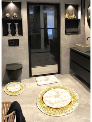 PremiumPort Altın Bambu Dokuma Yuvarlak Banyo Halısı Seti 3'lü (100X100, 60X60, 40X40 Cm)