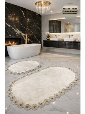 PremiumPort Vizon Oval Fransız Dantelli Deri ve Kaymaz Tabanlı Modern Banyo Paspası