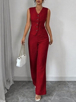 Efnaz Style Kadın Askılı Önden Düğmeli Bluz ve Pantolon Keten Ikili Takım