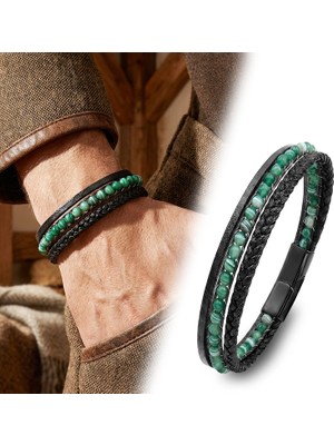 Kuşkaya Ticaret Yeşil Akik Doğaltaş ve Siyah Çoklu Deri Bileklik