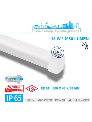 Teletek LED Etanj 18W Radar Hareket Sensörlü Aydınlatma - Otopark, Depo ve Garaj Tipi - Su Geçirmez Tavan Lambası