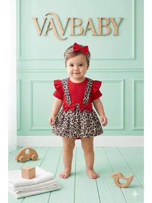 Vavbaby Kız Bebek Leopar Desenli Bandanalı Kısa Kollu Askılı Jile Elbise ve Çıt Çıt Body Takımı - Kırmızı