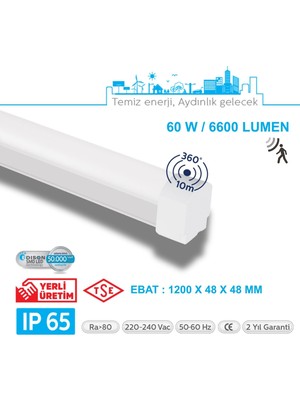 Teletek LED Etanj 60W Radar Hareket Sensörlü Aydınlatma - Otopark, Depo ve Garaj Tipi - Su Geçirmez Tavan Lambası
