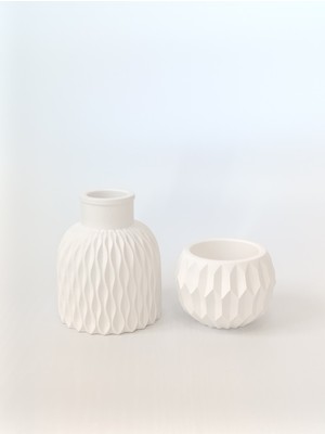 Özgürce Minimal Taş Tozu Vazo ve Tealight Mumluk Seti, Beyaz Dekorasyon