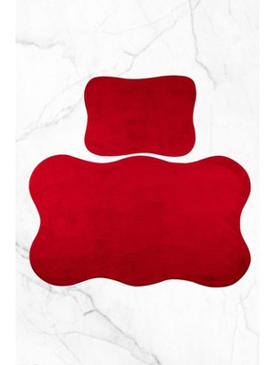 PremiumPort 2'li Banyo Paspası Seti, Kaymaz Taban, Klozet Takımı 80X140, Kırmızı