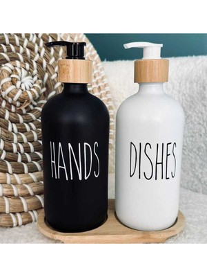 Özgürce 2'li Siyah Beyaz Dekoratif Cam Sabunluk Seti, 500ML, Bambu Stantlı