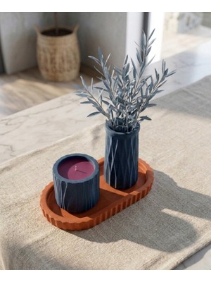 Özgürce Şık 3’lü Taş Dekorasyon Seti: Tırtıklı Tepsi, Geometrik Vazo ve Mumluk