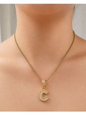 Ascera C Harf Kolye Zirkon Taşlı Gold Çelik Kolye – Kişiye Özel Harf Kolye, Hediye Kutulu-Doğum günü özel gün hediyelik