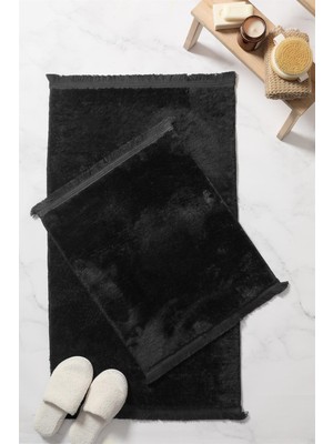 Handanca Puffy Yumuşak Yıkanabilir Düz Saçaklı Peluş Kaydırmaz Taban 2'li Banyo Paspası Siyah 60X100-40X60
