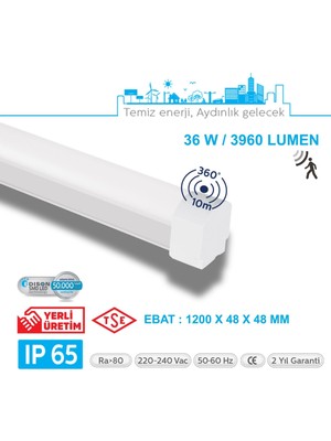 Teletek LED Etanj 36W Radar Hareket Sensörlü Aydınlatma - Otopark, Depo ve Garaj Tipi - Su Geçirmez Tavan Lambası
