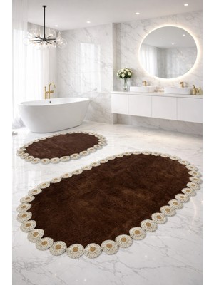 PremiumPort Gülruba Oval 2'li Kahve Dantelli Banyo Paspası ve Klozet Takımı Seti