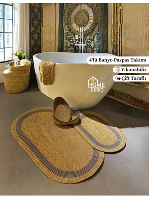 PremiumPort 4'lü Jüt ve Hasır Banyo Paspas Takımı ve Sepet Seti