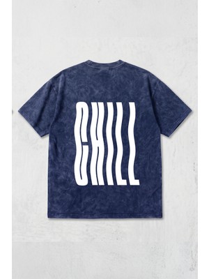 Backlain Mod Style Unisex Oversize Tişört Vintage Yıkamalı Antrasit Chill Baskılı %100 Pamuk