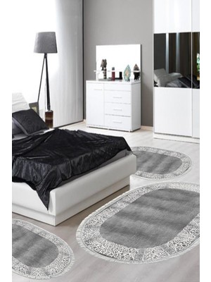 PremiumPort Yıkanabilir Kaymaz Taban Oval 3’lü Yatak Odası Takımı, Modern Gri
