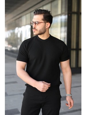 Efnaz Style Erkek Bisiklet Yaka Petek Dokulu Kısa Kollu Triko Tişört