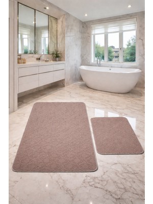PremiumPort Yumuşak Dokulu Velura Kahve Modern 2'li Banyo Paspas Takımı