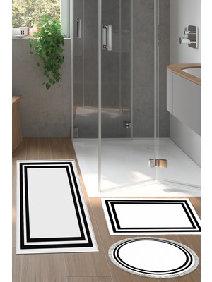 PremiumPort Yıkanabilir Kaymaz Taban Banyo Paspas Seti 3'lü, Bordürlü, Beyaz Siyah