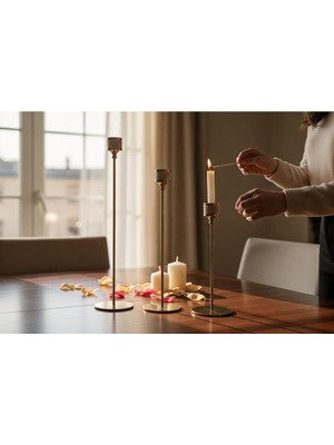 Özgürce Şık 3'lü Gold Mumluk Takımı, Dekoratif Ev Aksesuarı