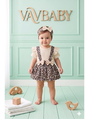 Vavbaby Kız Bebek Leopar Desenli Bandanalı Kısa Kollu Askılı Jile Elbise ve Çıt Çıt Body Takımı - Somon