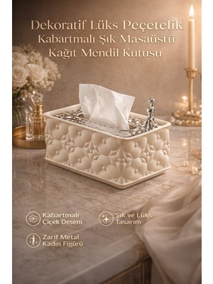 Özgürce Şık Kabartmalı Çiçek Desenli Masaüstü Peçetelik ve Mendil Kutusu