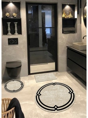 PremiumPort 3'lü Yuvarlak Banyo Halısı Seti, Kaymaz Taban, Farklı Boyutlar