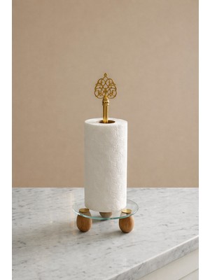 Özgürce Cam Tabanlı Gold Detaylı Ahşap Ayaklı Dekoratif Mutfak Havluluk Standı